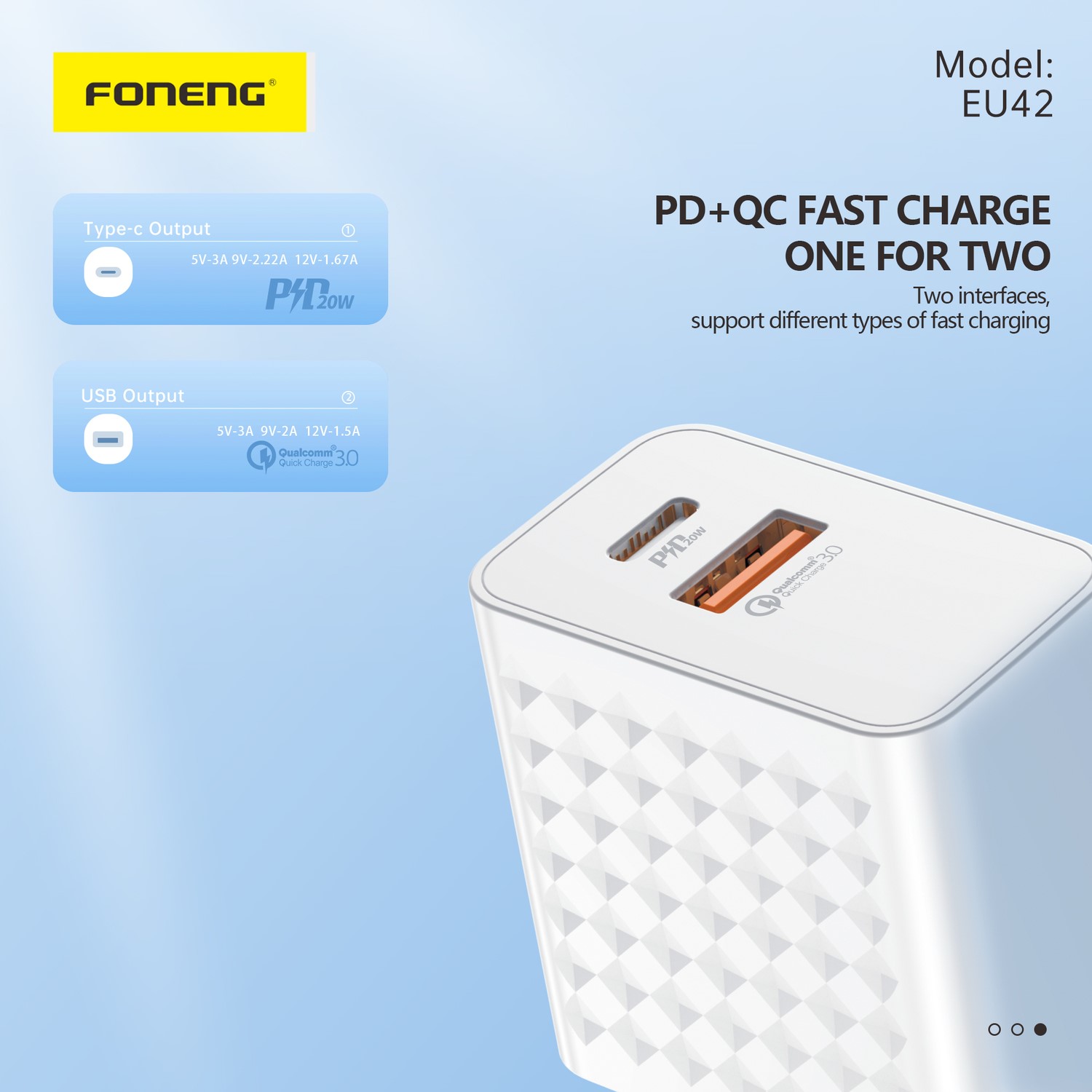 Incarcator Foneng GAN -USB+TIP C PD20W 3A Alb - 2 | YEO